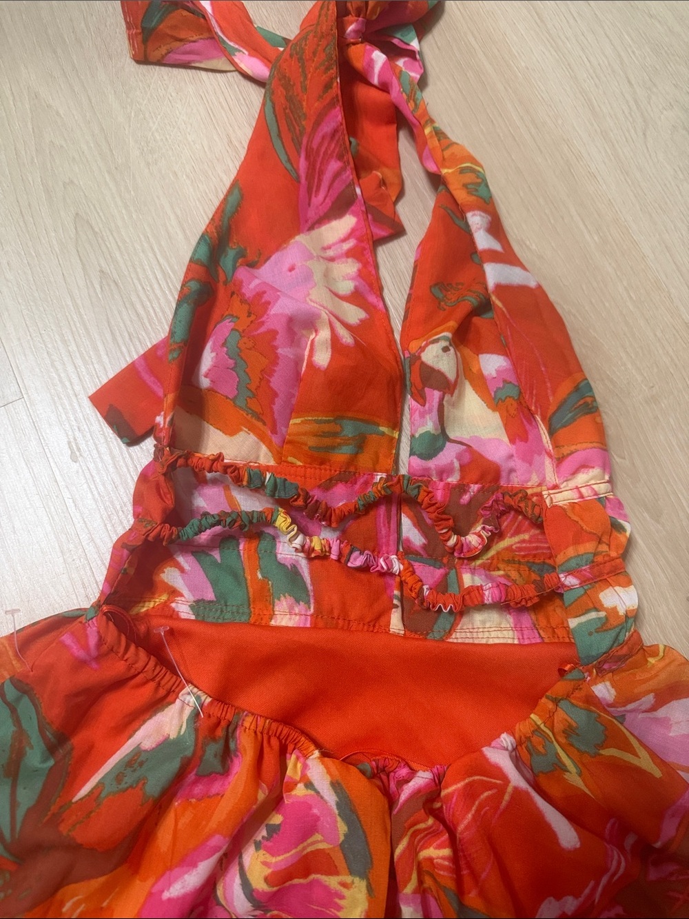 Women Orange Floral Halter Dress - Picture 3 of 5
